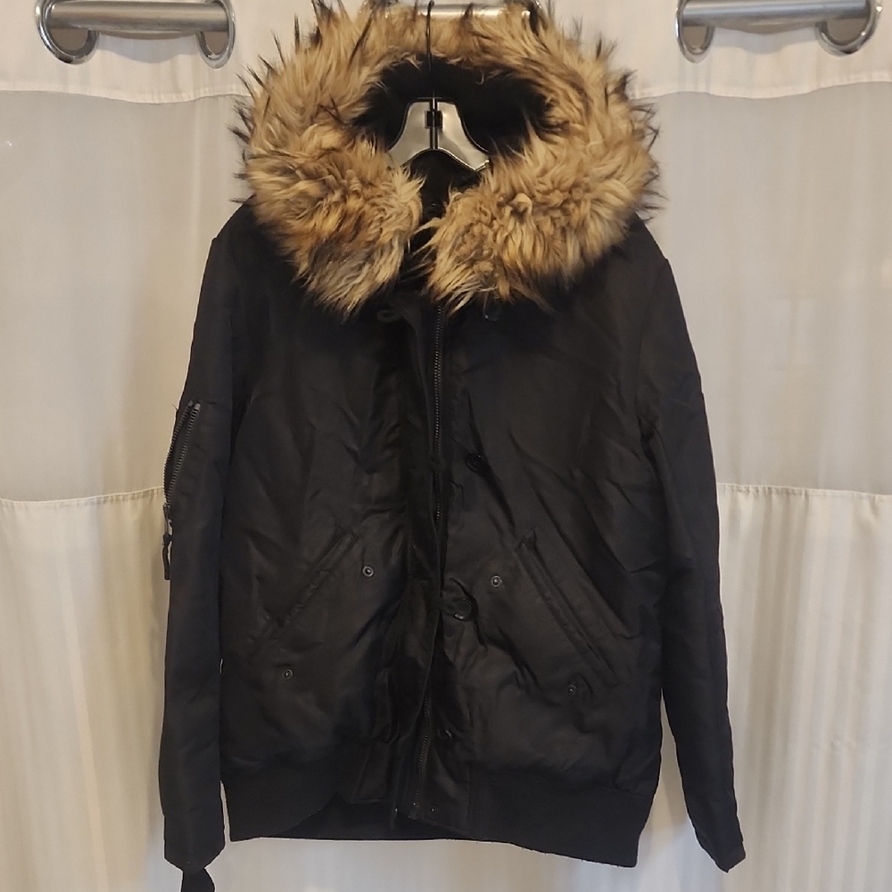 Aqua Black Puffer Jacket with Faux Fur Trim